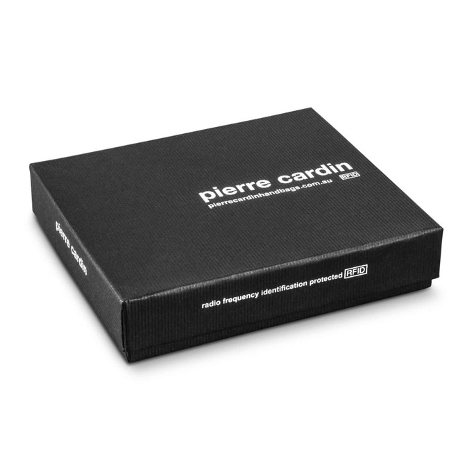 A black box with a logo, containing a Pierre Cardin leather wallet, featuring RFID protection.