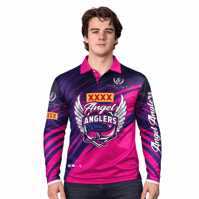 A long-sleeve fishing tee in vibrant pink and purple, featuring a logo and a striking design.