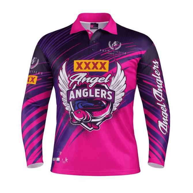 A long-sleeve fishing tee featuring a pink and purple design with a graphic logo and branding.