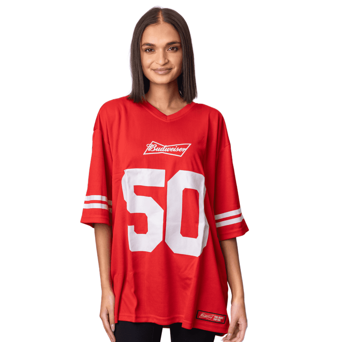 A red NFL jersey featuring white stripes and the number 50, with a logo on the front.