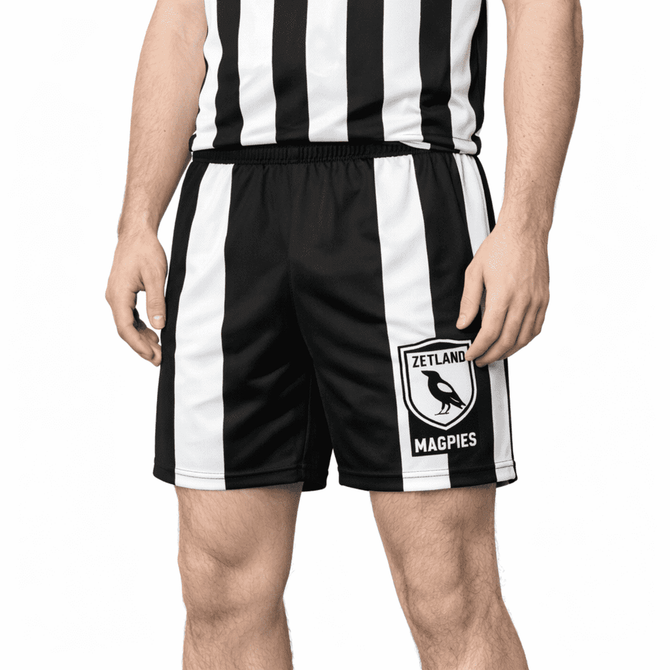 A pair of black and white sports shorts featuring a logo on the side and a striped design.