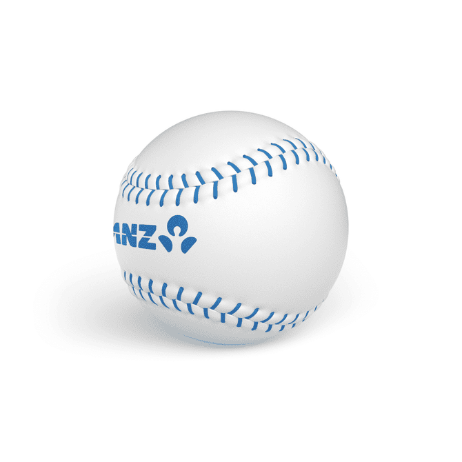 A white baseball with blue stitching and a logo on one side.