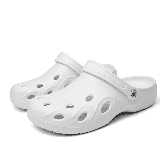 A pair of white clog slides with multiple ventilation holes and a side logo.