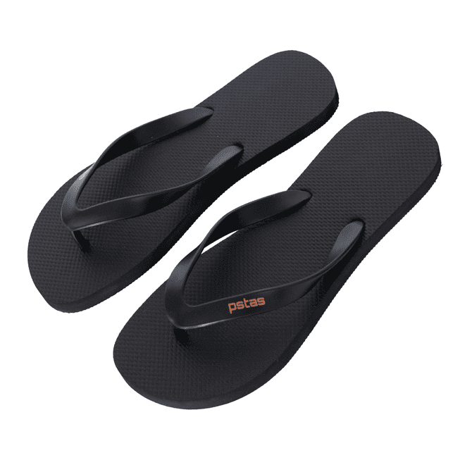 A pair of black rubber thongs with a textured sole and a logo on the strap.