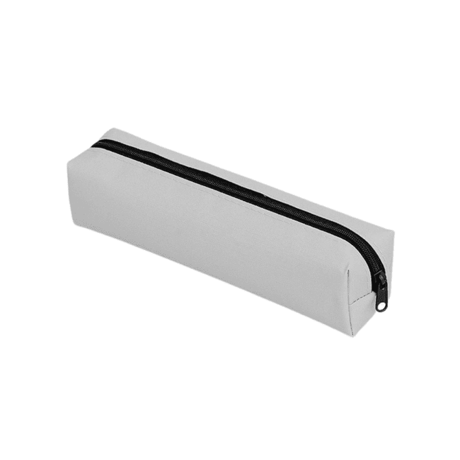 A grey polyester pencil case with a black zipper and a rectangular shape. It has a simple design.