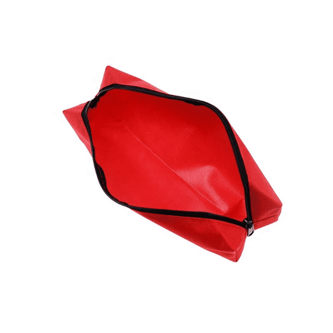 A red polyester pencil case with a black zipper, featuring a spacious, open interior.