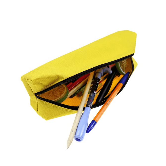 A yellow pencil case with a zip opening, containing various pens and pencils inside. It has a logo on the exterior.