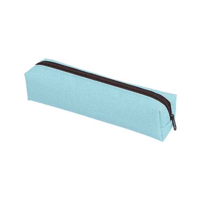 A light blue polyester pencil case with a brown zipper, featuring a simple, elongated design.