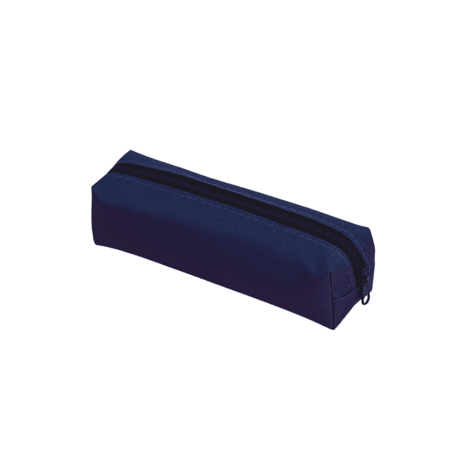 A navy polyester pencil case with a zip closure and a rectangular shape. It features a logo.