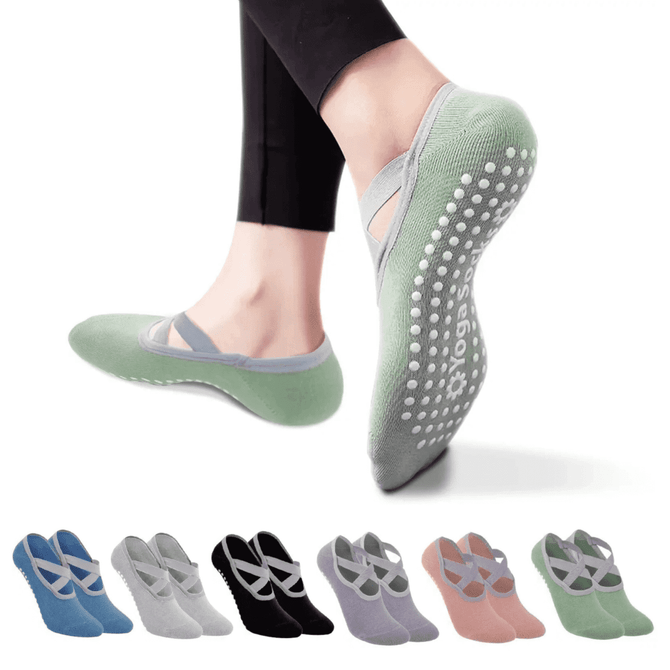 Snazzy Yoga Socks in a variety of colours, featuring a non-slip sole and a stylish design with straps.