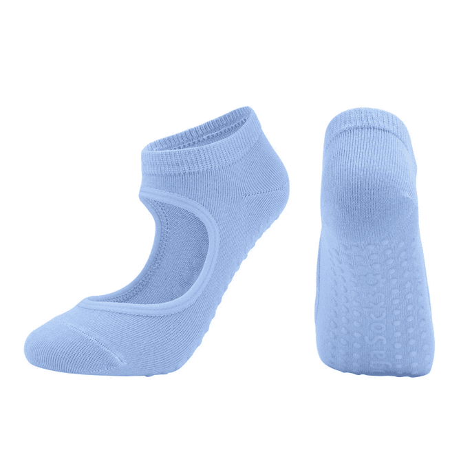 Light blue open top yoga socks featuring non-slip grip on the sole and a snug fit. Includes a logo on the side.