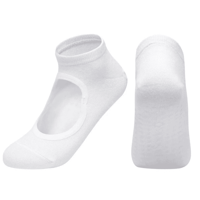 A pair of white open-top yoga socks featuring a non-slip design and a comfortable fit.