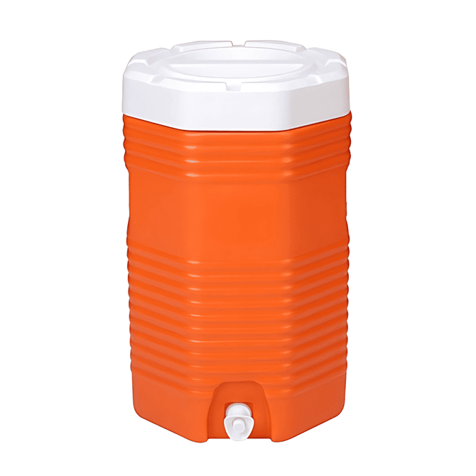 An orange water dispenser cooler box with a white lid and a tap at the bottom, featuring a logo.