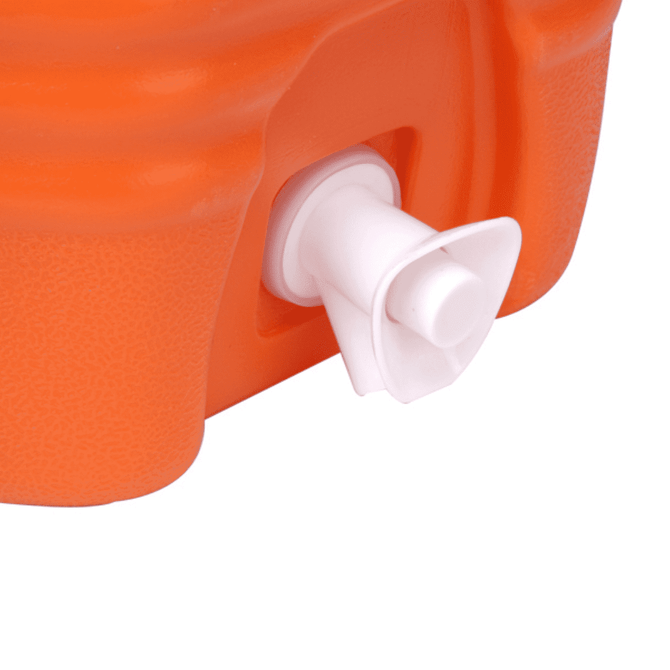 An orange water dispenser cooler box featuring a white tap for dispensing water.