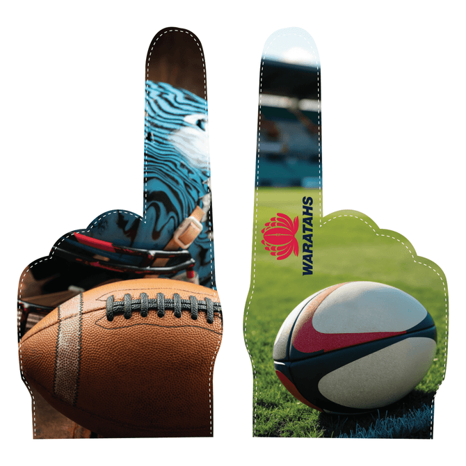 A pair of full colour EVA foam supporters' hands featuring rugby balls and a logo. Dominant colours include blue, orange, and white.