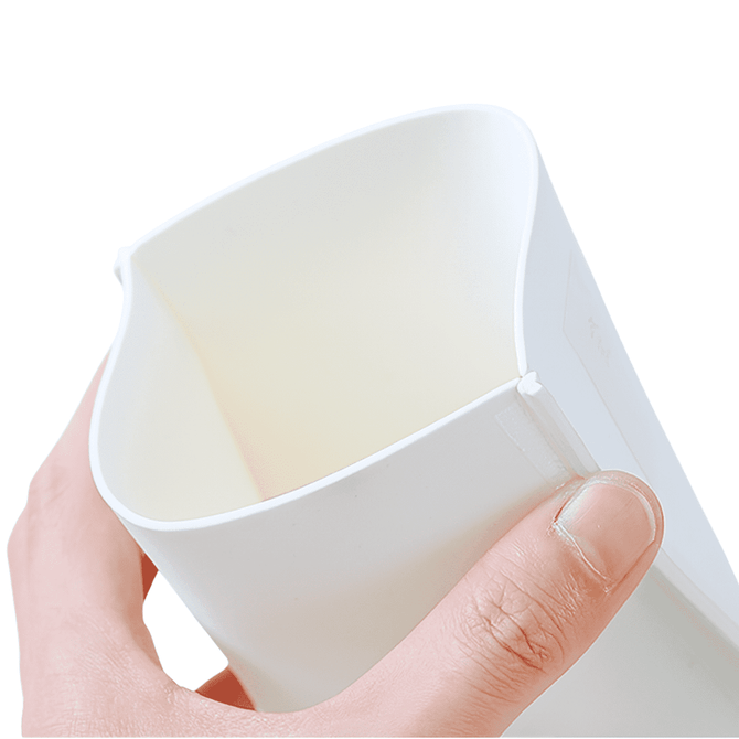 A hand holding a white EVA foam supporter, designed with a curved opening at the top. It has a branding logo.