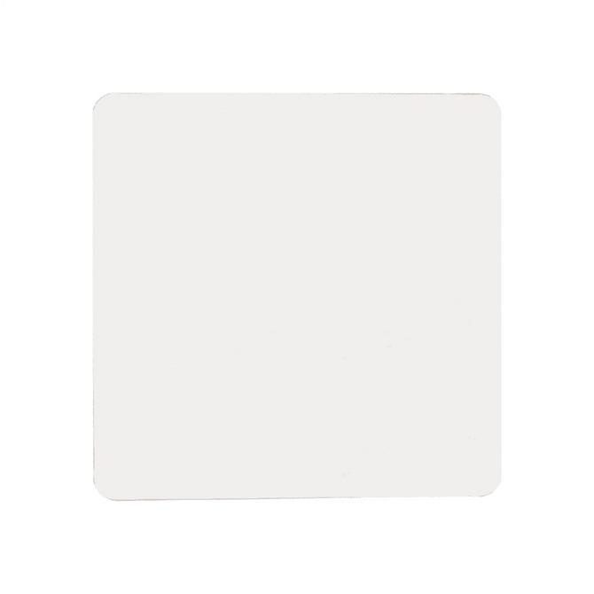 A square, white cardboard coaster, featuring a smooth surface with subtle texture and a branding logo.