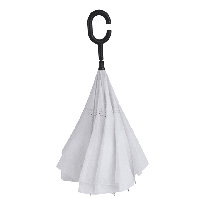 A white inverted umbrella with a C-shaped handle and decorative stitching. It includes a logo on the handle.