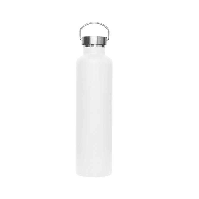 A drink bottle in white with a metal lid and a carry handle, featuring a logo on the body.