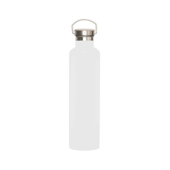 A drink bottle in matte white with a stainless steel lid and bamboo accent, featuring a carrying loop.