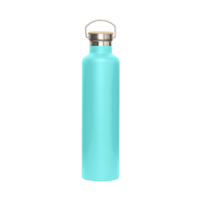 A drink bottle in a vibrant turquoise colour with a stainless steel lid and a handle, featuring a logo.