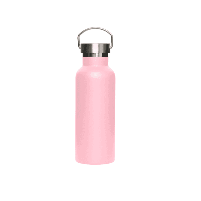 A drink bottle in pink with a stainless steel lid and a carrying handle; features a logo.