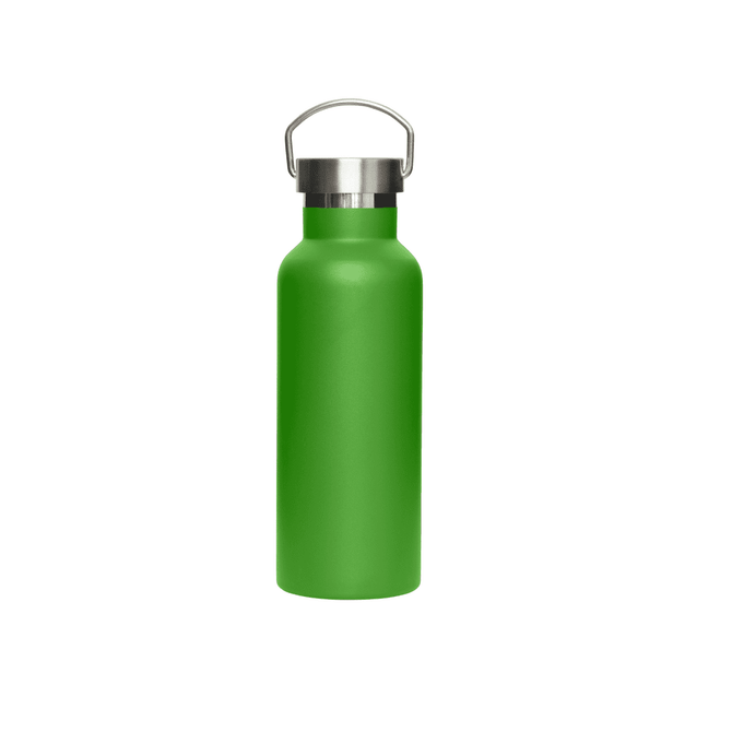 A drink bottle in vibrant green with a metal lid and a handle. It features a simple design and smooth finish.