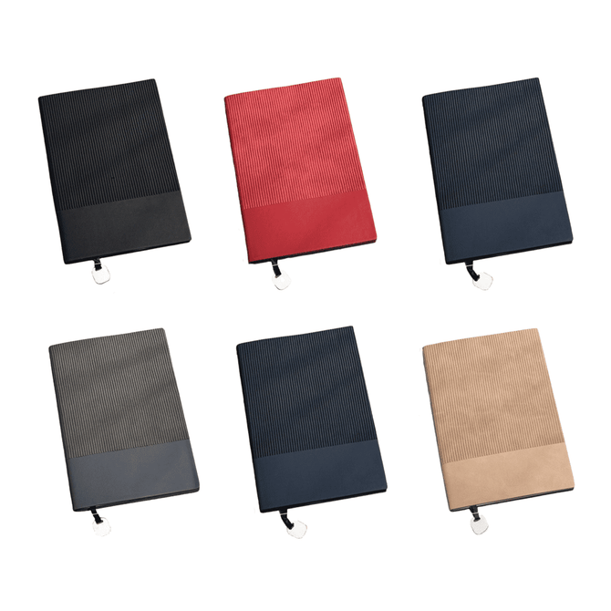 A collection of Bondi A5 Leather Notebooks in black, red, grey, navy, and beige with a textured design and logo.