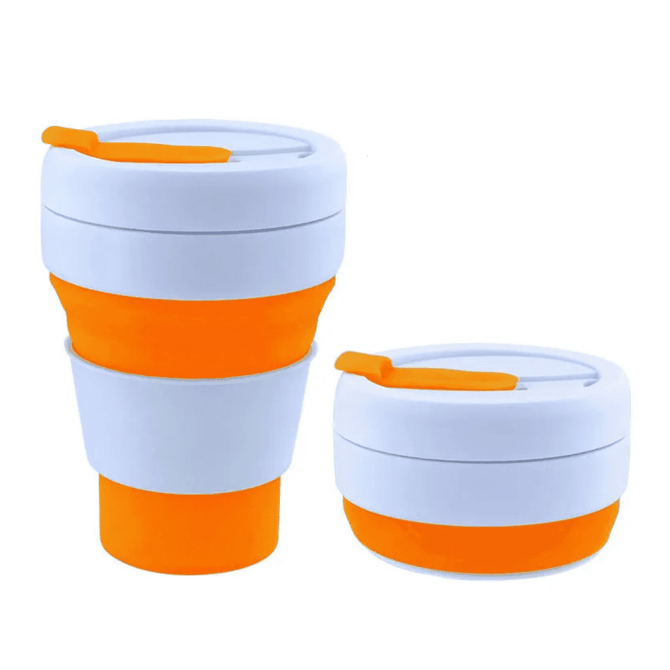 A collapsible silicone cup in white and orange, featuring a lid and branding. It has a 355ml capacity.