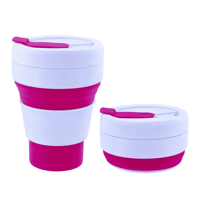 A collapsible silicone cup in white and pink, shown in both expanded and collapsed forms. Features a lid and logo.