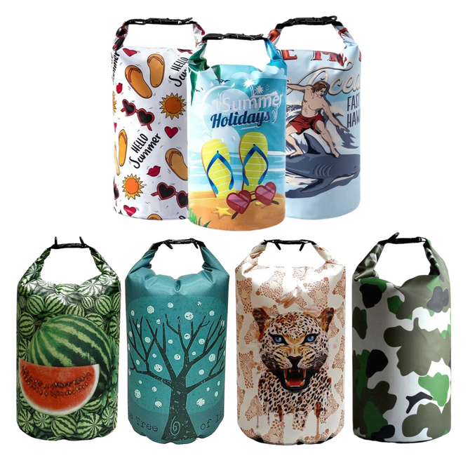 A collection of five brightly coloured 5L sublimated waterproof dry bags featuring various artistic designs and a logo.