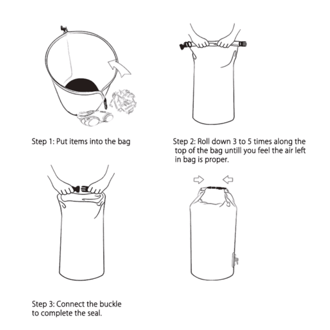 Instructions for a waterproof dry bag featuring a roll-top closure and buckle. Includes diagrams in black and white.