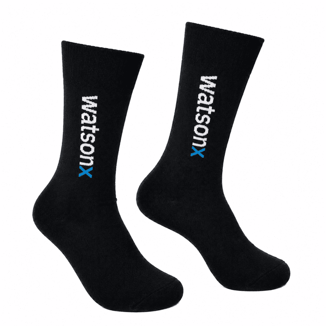 A pair of black socks featuring a logo in white and blue, showcasing a sleek design for comfortable wear.