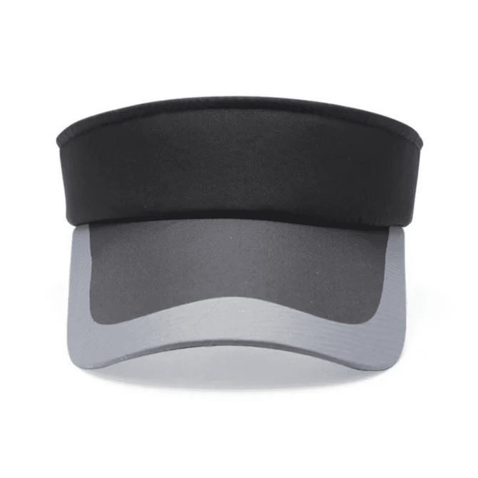 A black and grey sun visor featuring a wide brim and a smooth design. The product includes a logo.