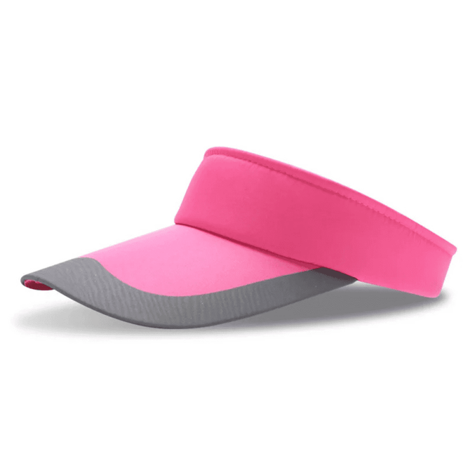 A pink and grey sun visor with a wide brim and adjustable band, featuring a logo on the band.