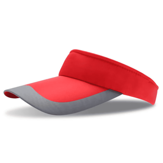 A red and grey sun visor with a wide brim and adjustable band. It features a logo on the band.