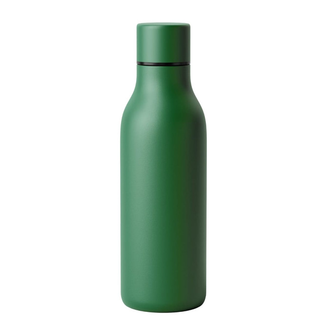 A drink bottle in a matte green finish, featuring a sleek design and a lid. It has a logo on the surface.