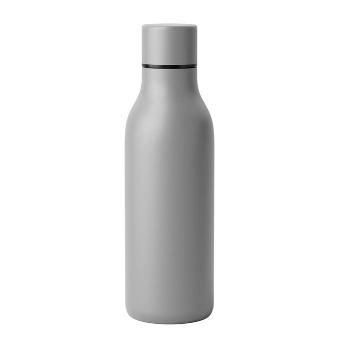 A drink bottle in a sleek grey design with a screw-top lid and minimal branding.