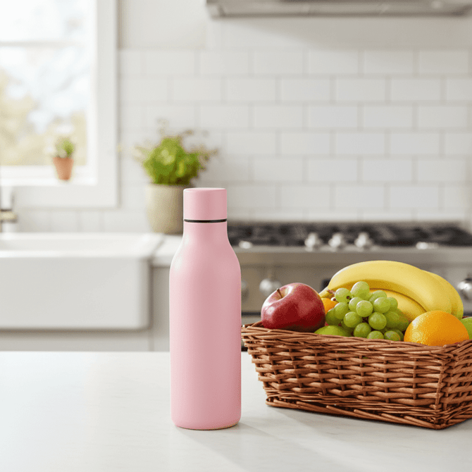 A pink thermal drink bottle is placed on a kitchen countertop beside a basket of fresh fruit.
