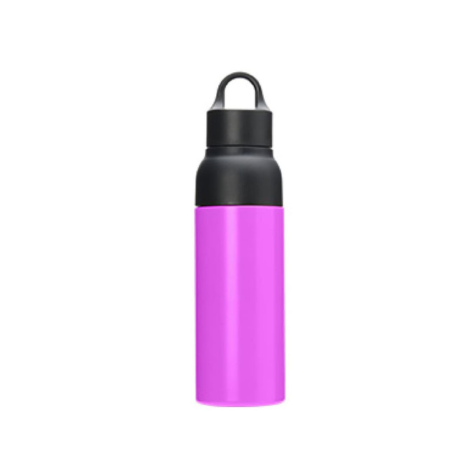 A drink bottle featuring a pink body and a black lid, with a logo on the surface.