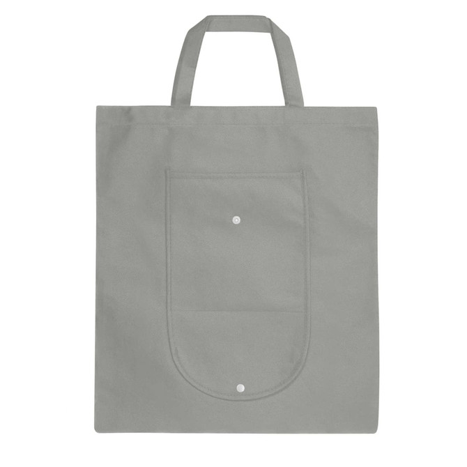 A foldable grey non-woven shopping bag with two handles and a front pocket, featuring a logo.