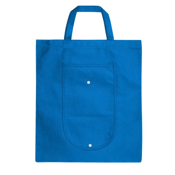 A blue foldable non-woven shopping bag with two handles and a front pocket, featuring a logo.