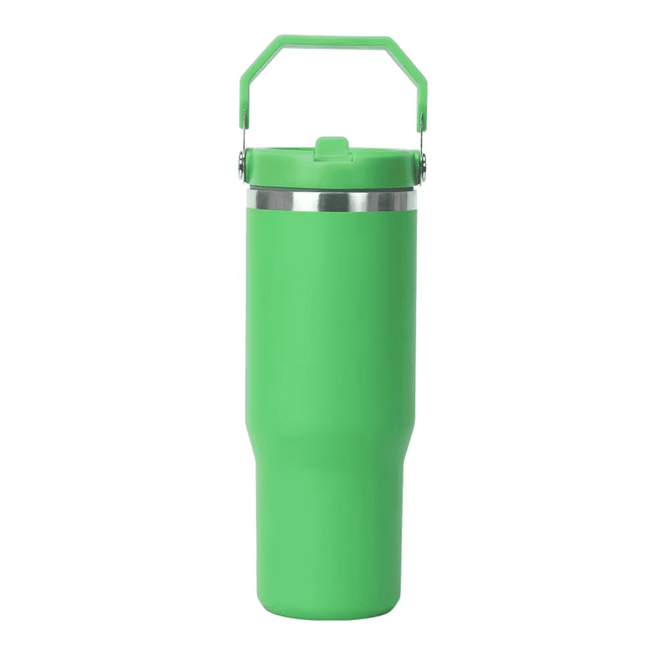 A drink bottle in bright green with a stainless steel rim and a handle for easy carrying.