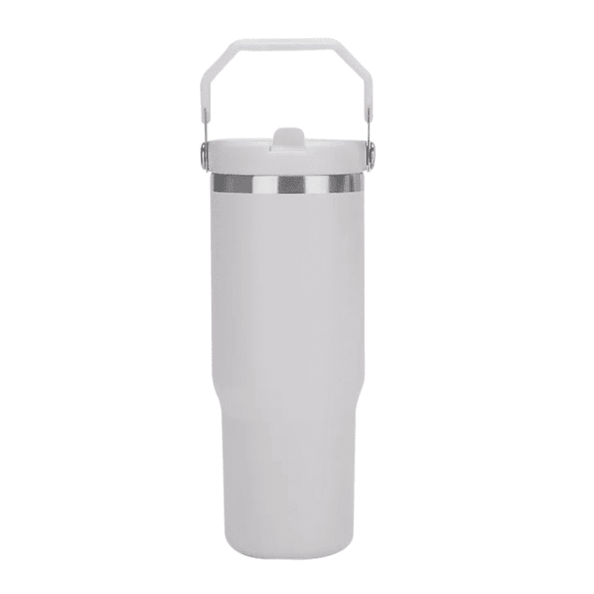 A drink bottle in white, featuring a metal trim and a handle for easy carrying. It has a logo on the side.
