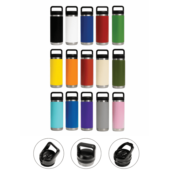A drink bottle collection featuring various colours in a sleek design with three different lid options.