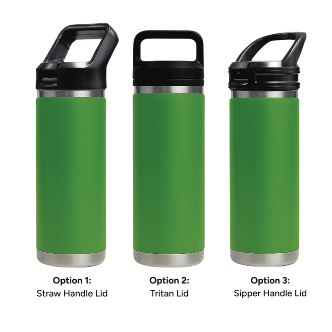 A drink bottle featuring three green designs with different lid options: straw handle, Tritan lid, and sipper handle.