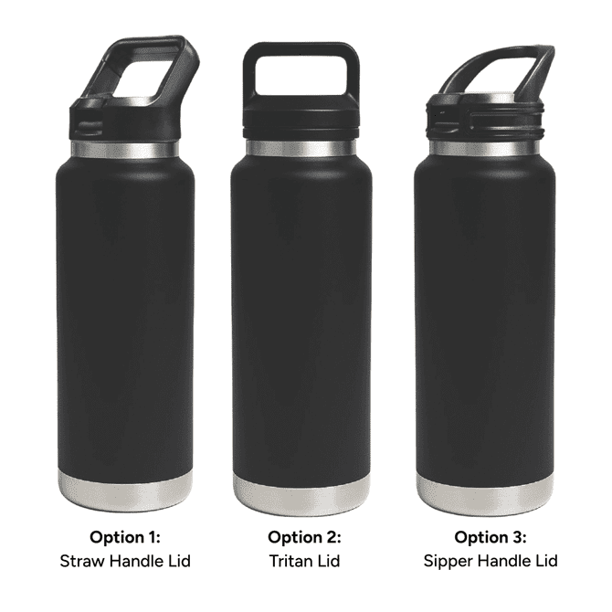 A drink bottle in black featuring three lid options: Straw Handle Lid, Tritan Lid, and Sipper Handle Lid.