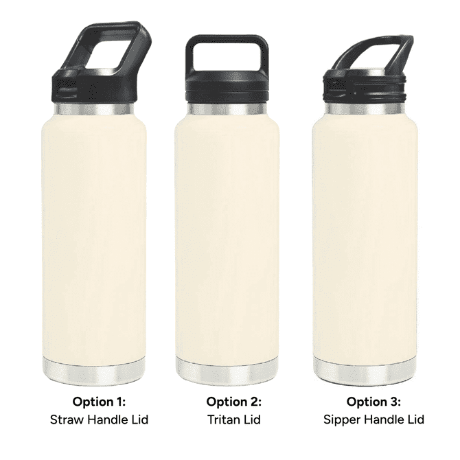 A drink bottle featuring a cream colour and three lid options: straw handle, Tritan lid, and sipper handle.