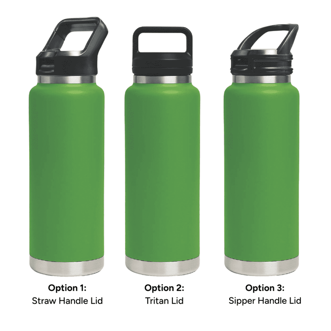 A drink bottle set featuring three green vacuum bottles with different lid options: straw handle, Tritan, and sipper handle.