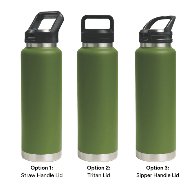 A drink bottle in green, featuring three lid options: straw handle, Tritan lid, and sipper handle. It includes branding.